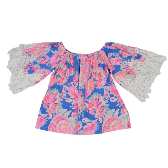 Lilly Pulitzer Womens XS Floral Print Off-Shoulder Top With Lace Bell Sleeves - Picture 1 of 8